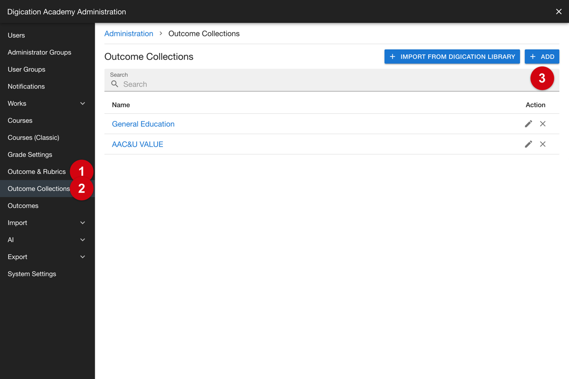 Outcome & Rubrics and Outcome Collections in the sidebar, and the Add control