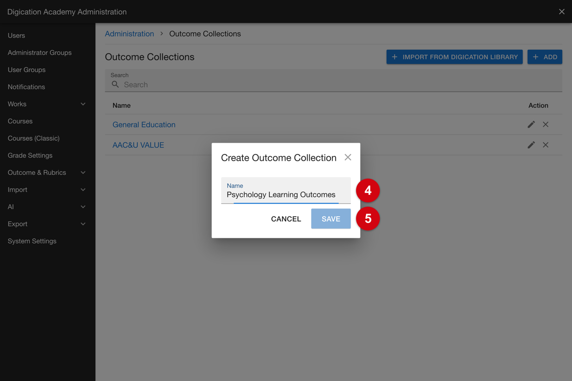 Create Outcome Collection window with a name entered