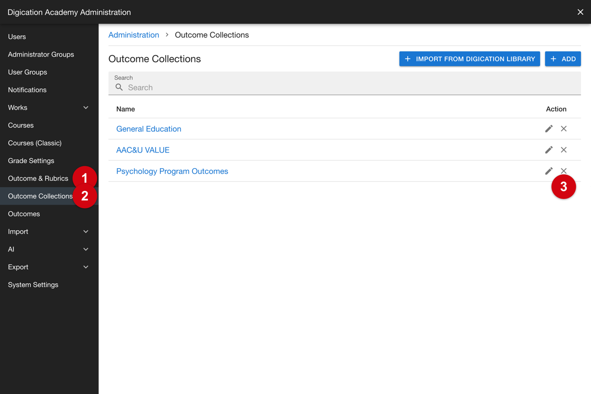 Delete control on an outcome collection