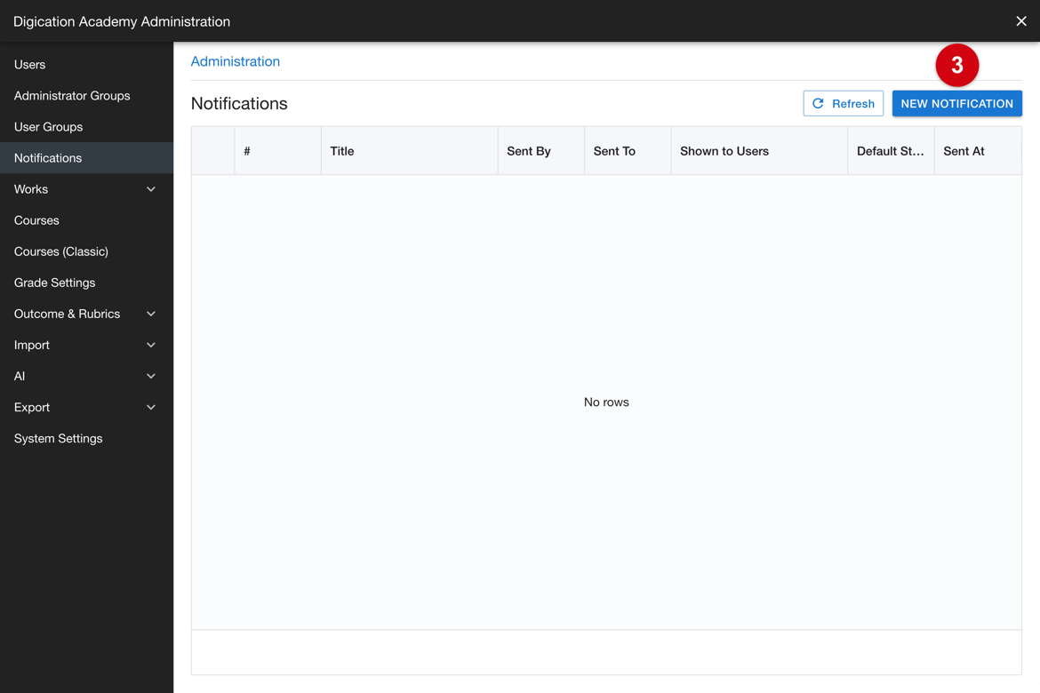 Notifications page with the New Notification control