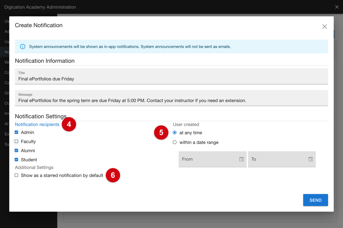 Notification settings: recipients, user created, starred, and Send