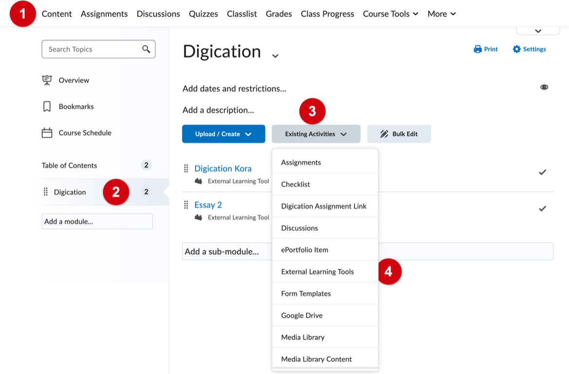 Brightspace Content area with a module selected and the Existing Activities menu open, showing External Learning Tools