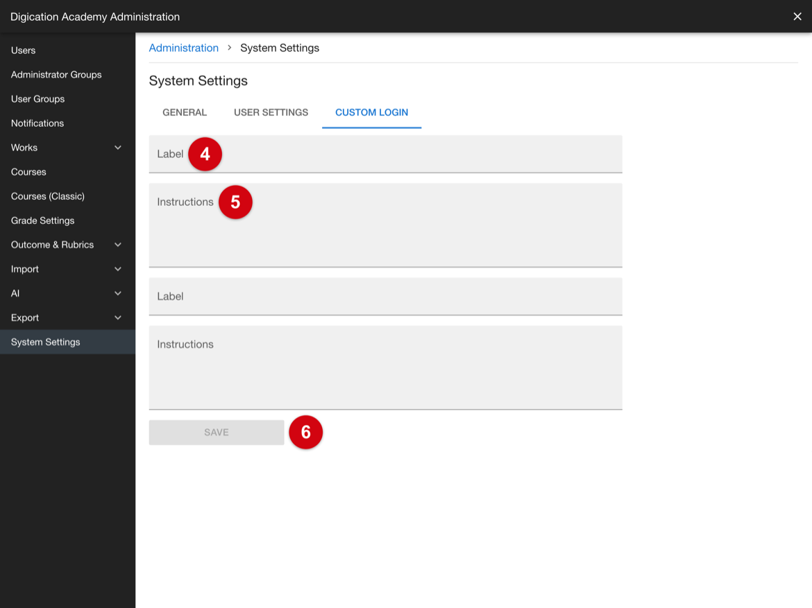 Custom Login tab showing the Label and Instructions fields and the Save control