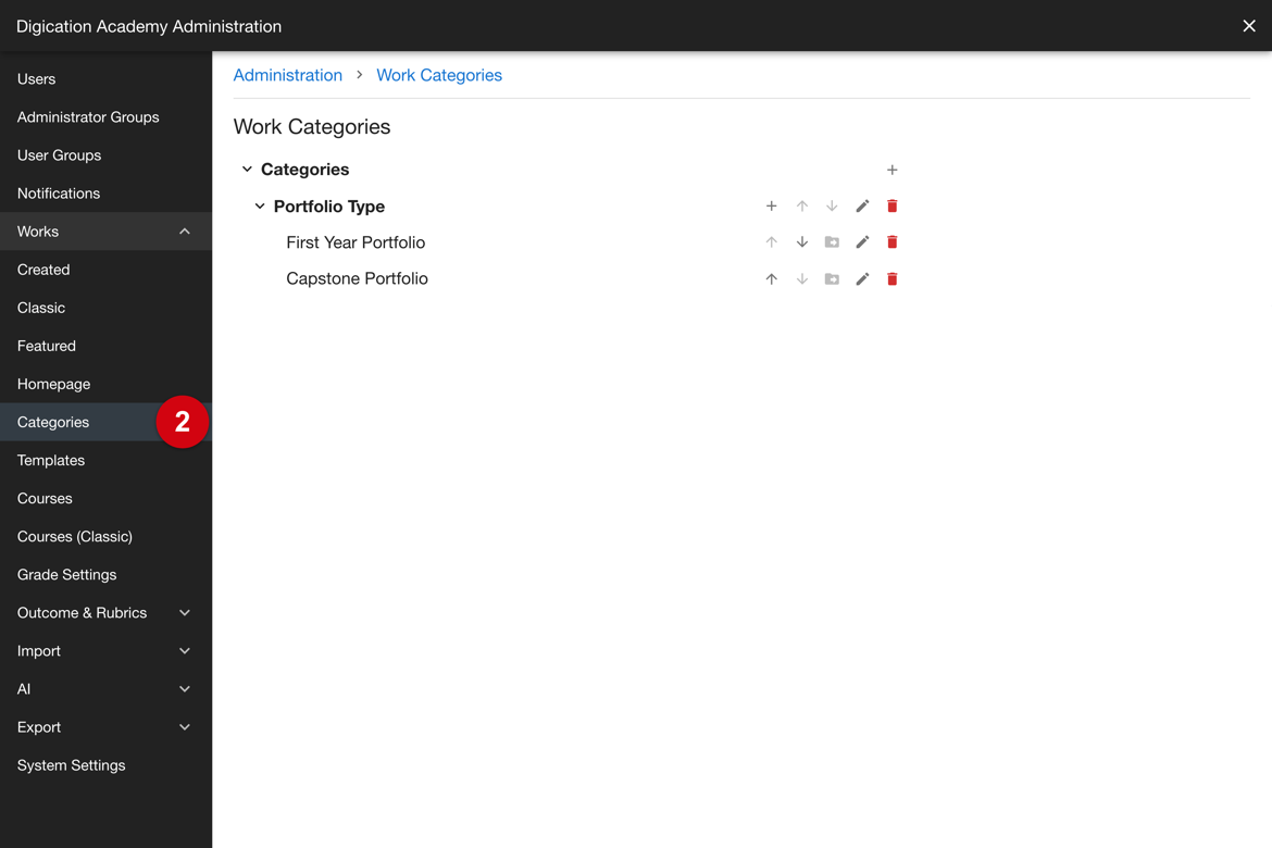 Work Categories reached from Works, Categories in the sidebar