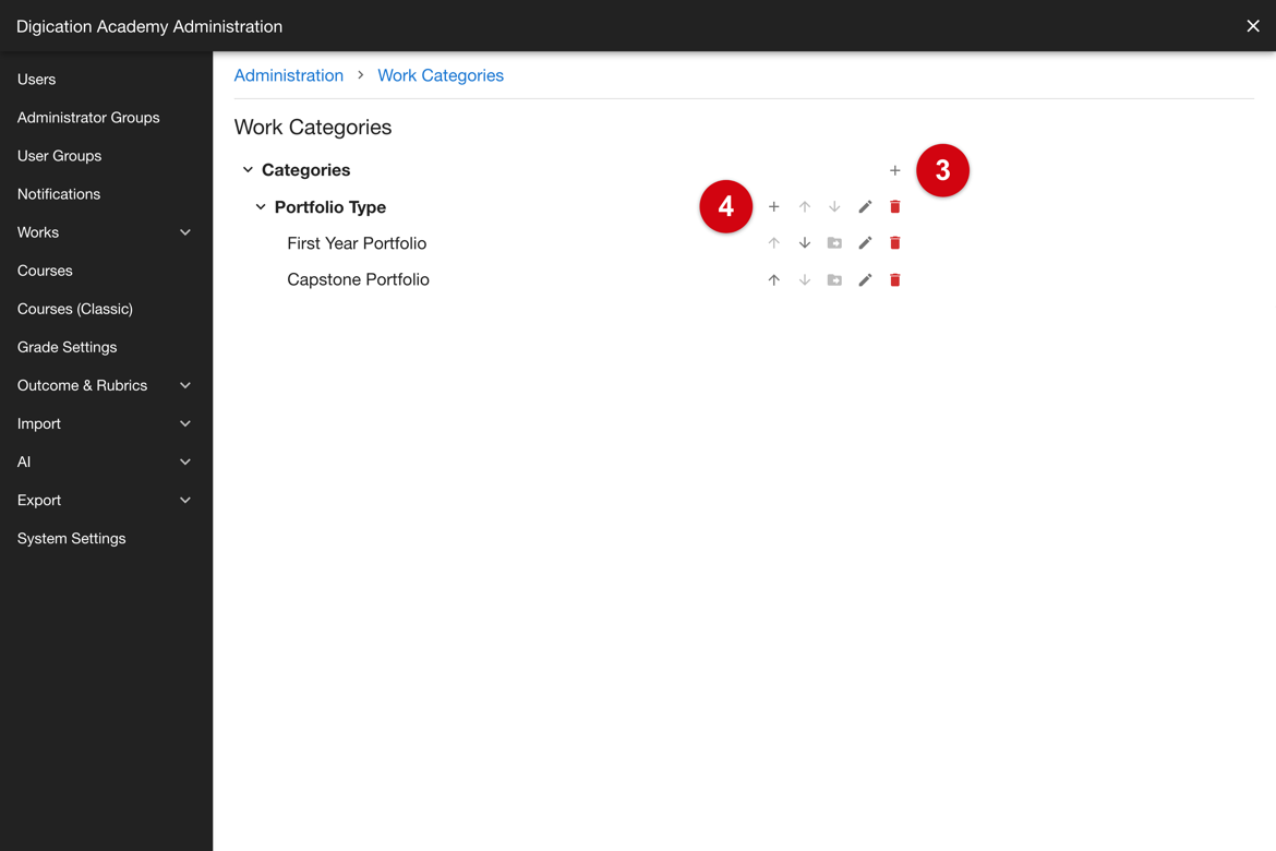Work Categories showing a category group, its categories, and the add control