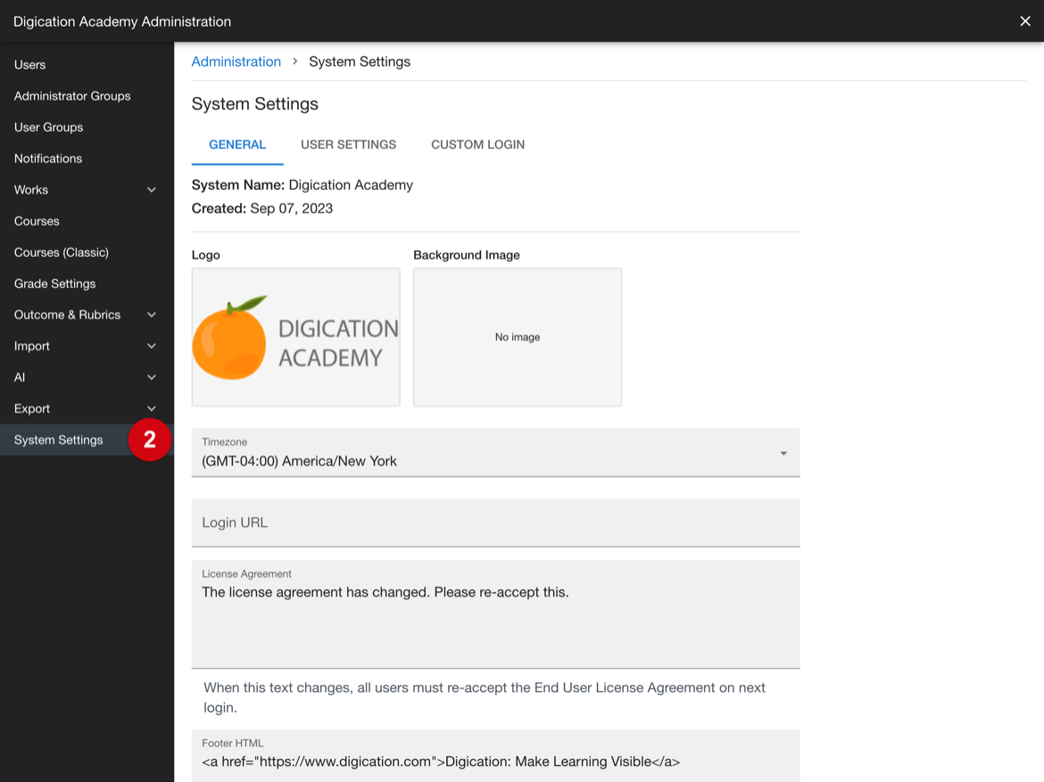 Administration sidebar with System Settings selected