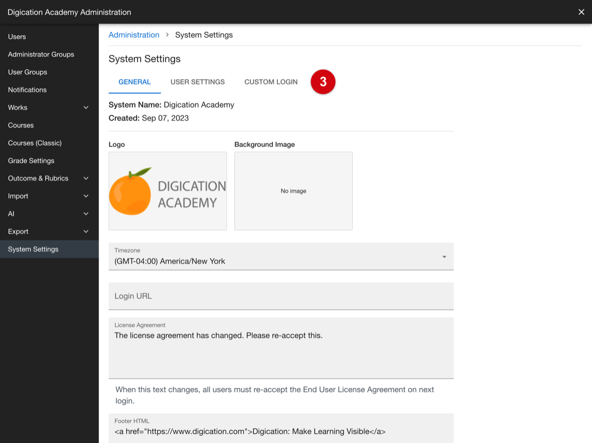 System Settings with the Custom Login tab highlighted